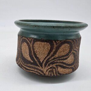 Handmade Green & Brown Ceramic Vase Pot With Textured Floral Design Signed